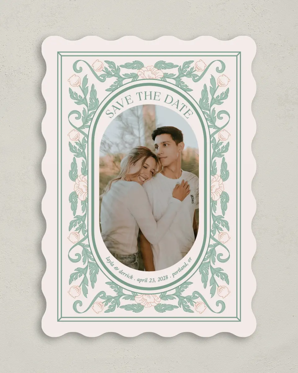 This is a 5" x 7" Save the Date Card called Vintage Dream printed in full color with Gold foil on Premium Smooth paper