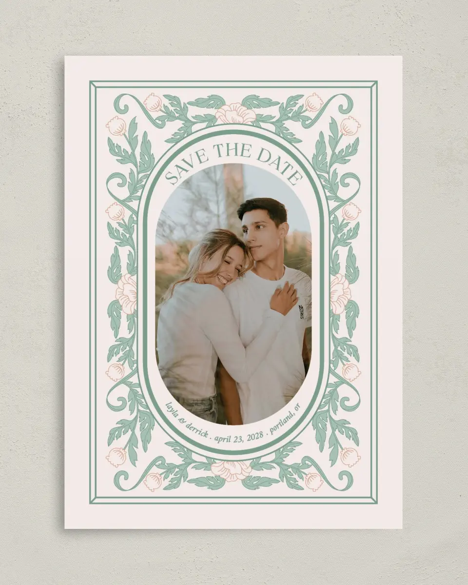 This is a 5" x 7" Save the Date Card called Vintage Dream printed in full color with Gold foil on Premium Smooth paper