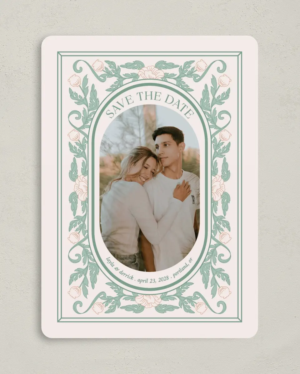 This is a 5" x 7" Save the Date Card called Vintage Dream printed in full color with Gold foil on Premium Smooth paper