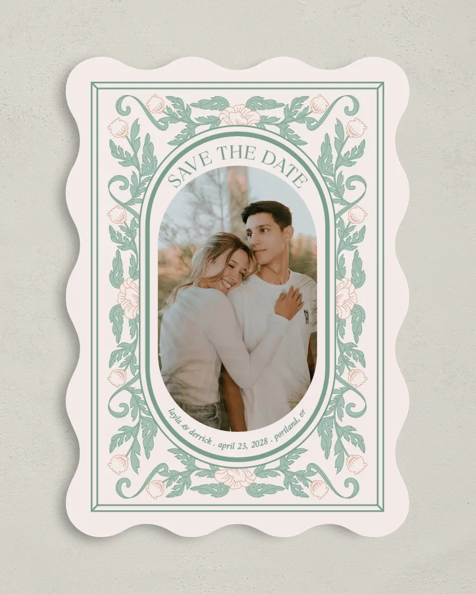 This is a 5" x 7" Save the Date Card called Vintage Dream printed in full color with Gold foil on Premium Smooth paper