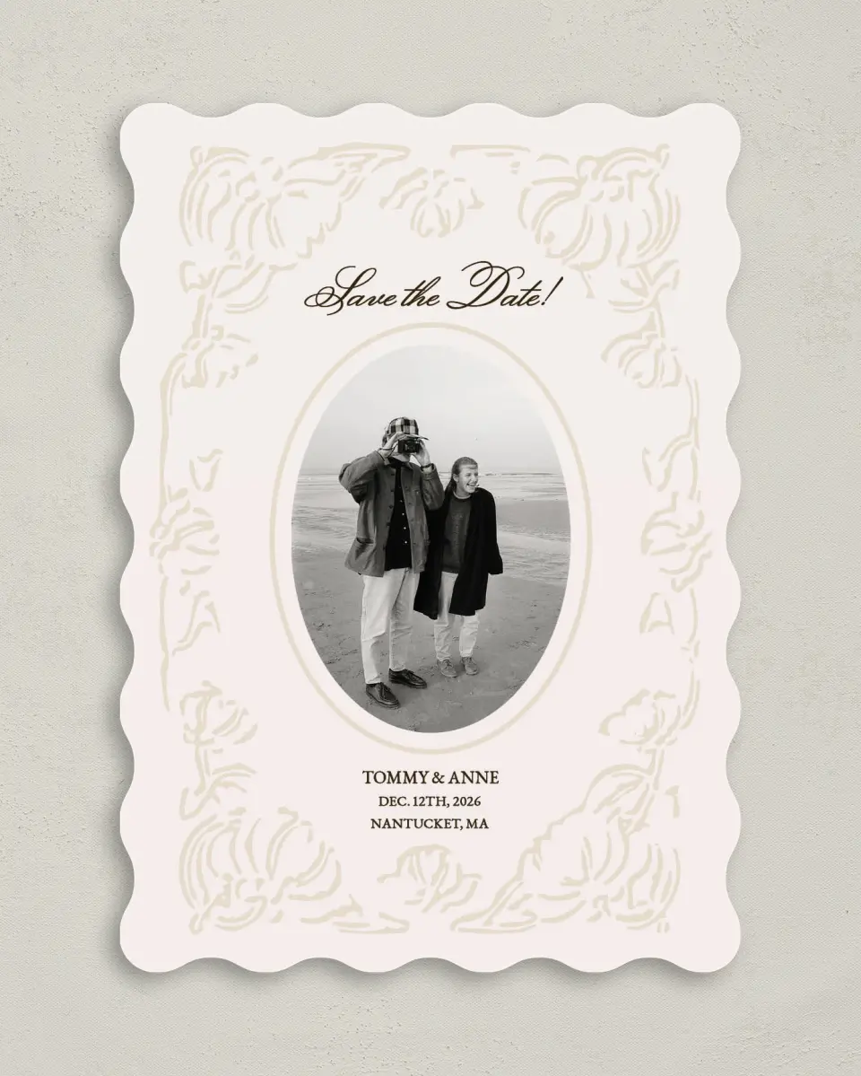 This is a 5" x 7" Save the Date Card called Vintage Paper printed in full color with Gold foil on Premium Smooth paper
