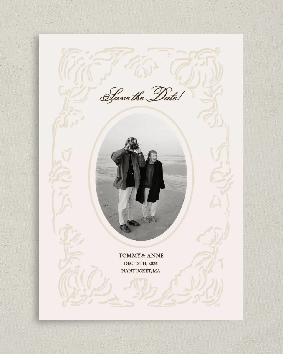 This is a 5" x 7" Save the Date Card called Vintage Paper printed in full color with Gold foil on Premium Smooth paper