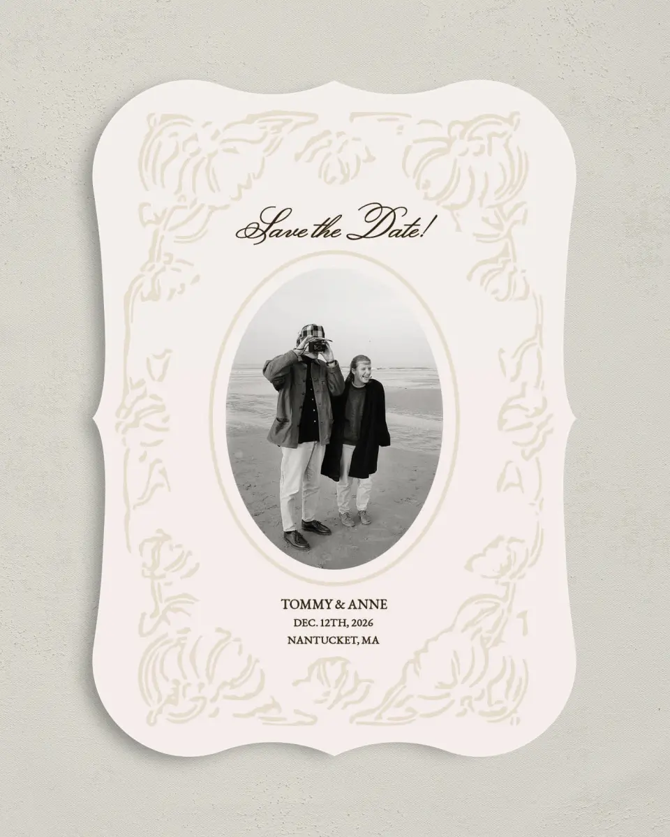 This is a 5" x 7" Save the Date Card called Vintage Paper printed in full color with Gold foil on Premium Smooth paper