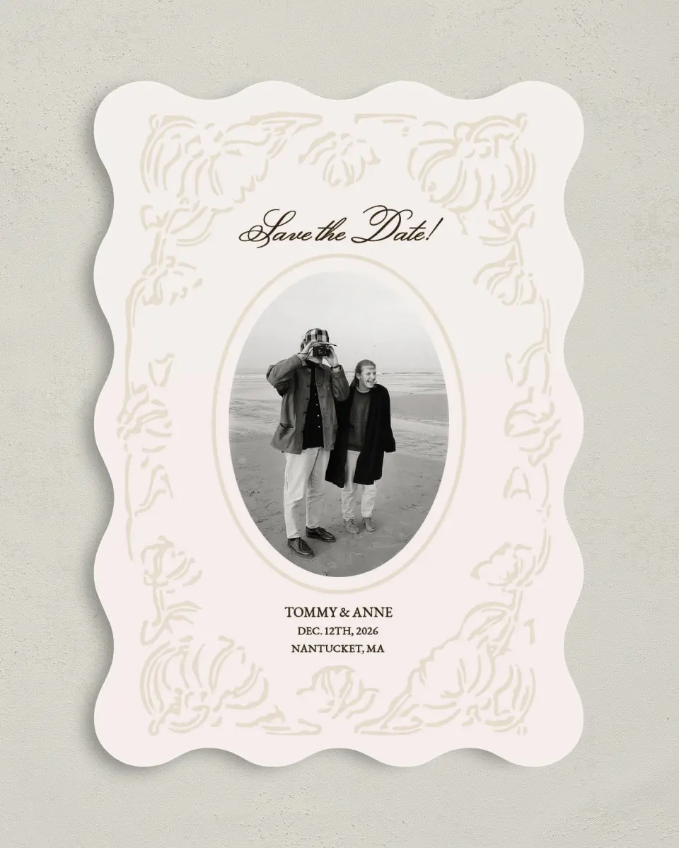 This is a 5" x 7" Save the Date Card called Vintage Paper printed in full color with Gold foil on Premium Smooth paper