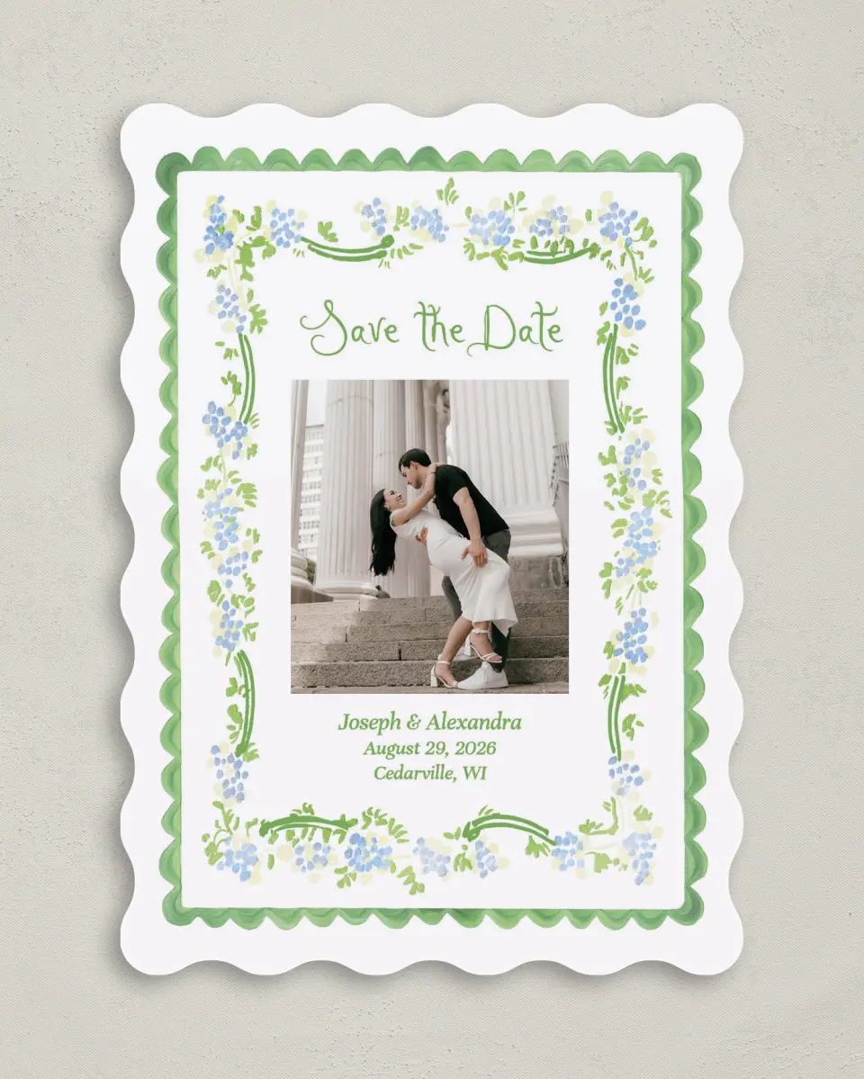 This is a 5" x 7" Save the Date Card called Flower Frame printed in full color with Gold foil on Premium Smooth paper