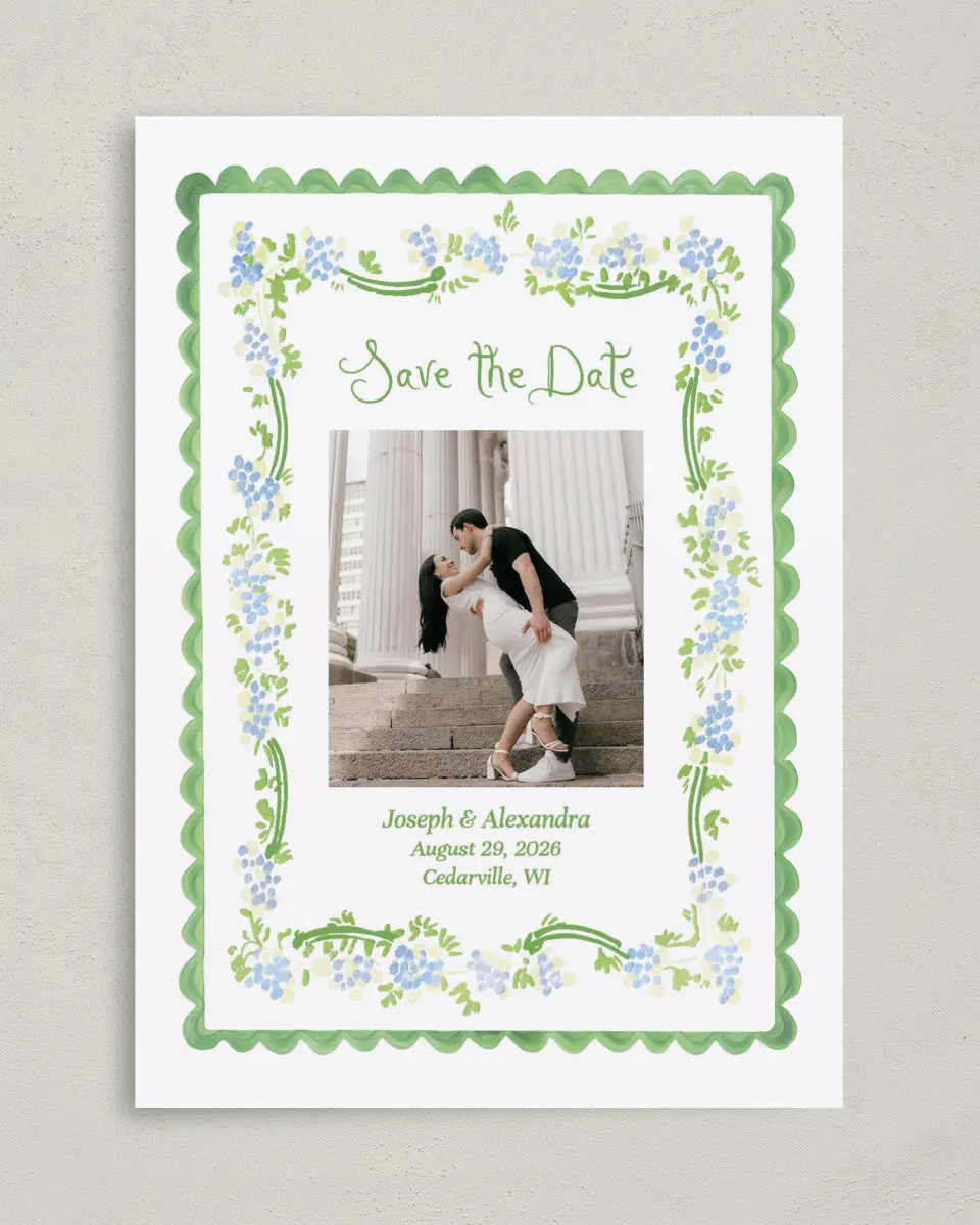 This is a 5" x 7" Save the Date Card called Flower Frame printed in full color with Gold foil on Premium Smooth paper