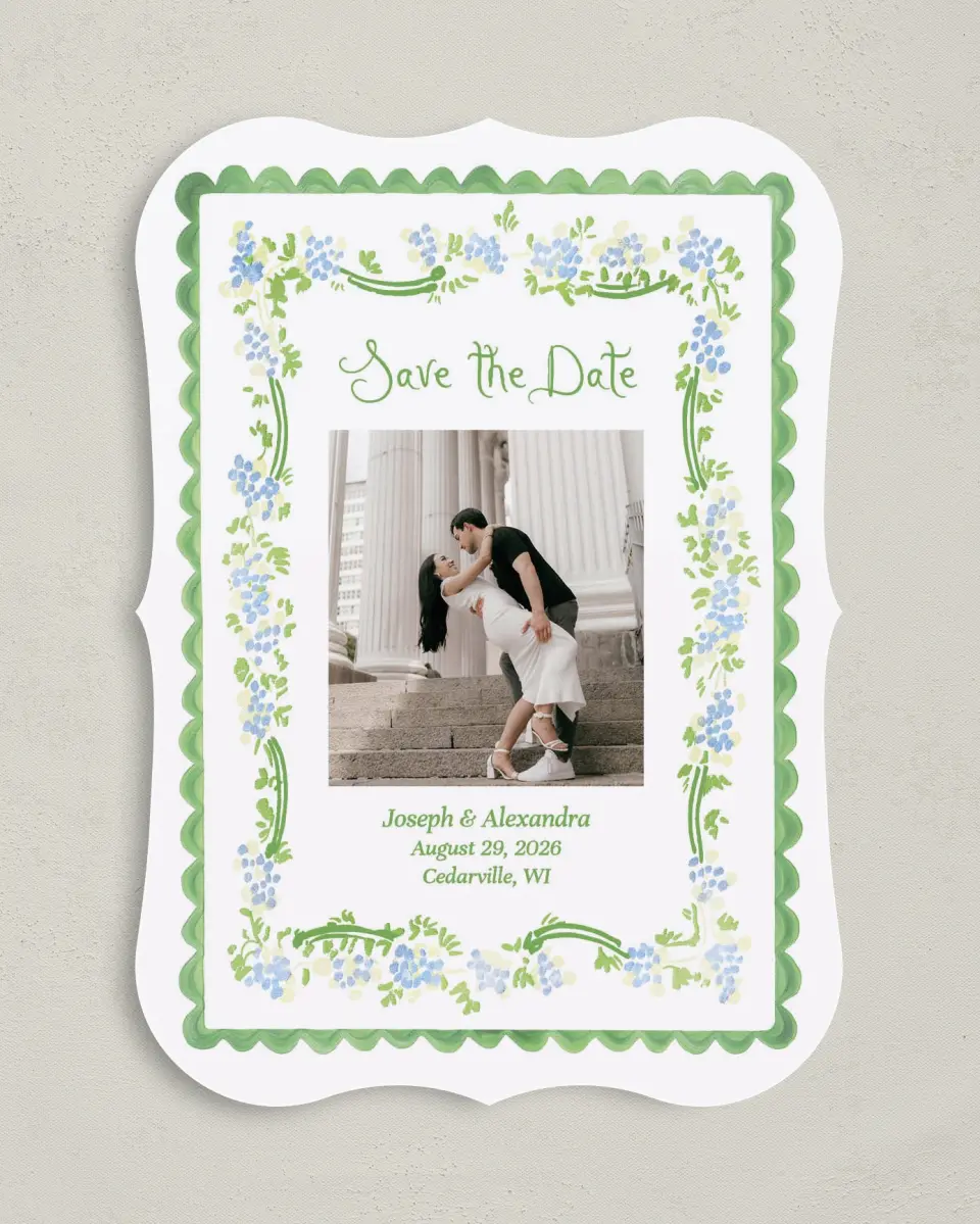 This is a 5" x 7" Save the Date Card called Flower Frame printed in full color with Gold foil on Premium Smooth paper
