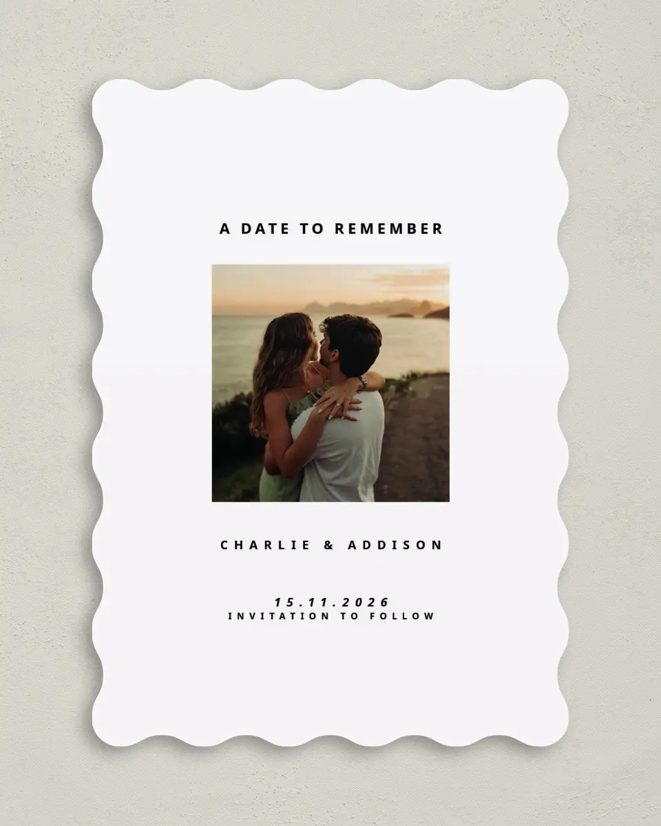 This is a 5" x 7" Save the Date Card called Date to Remember printed in full color with Gold foil on Premium Smooth paper