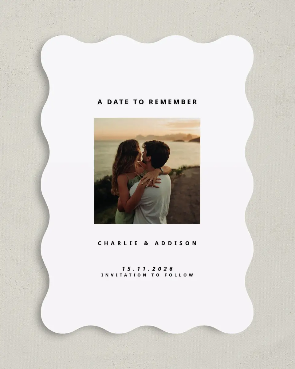 This is a 5" x 7" Save the Date Card called Date to Remember printed in full color with Gold foil on Premium Smooth paper