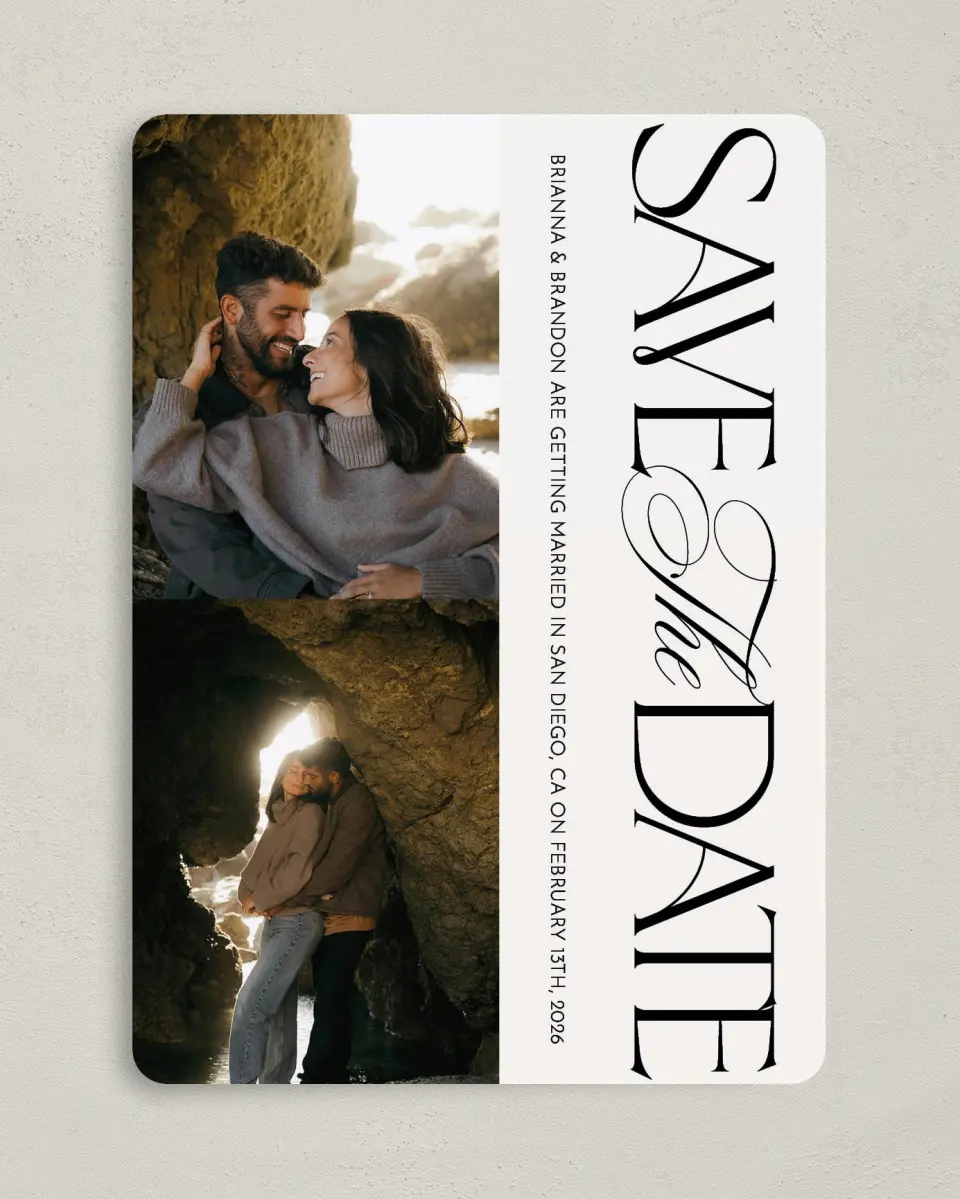 This is a 5" x 7" Save the Date Card called Modern Romance printed in full color with Gold foil on Premium Smooth paper