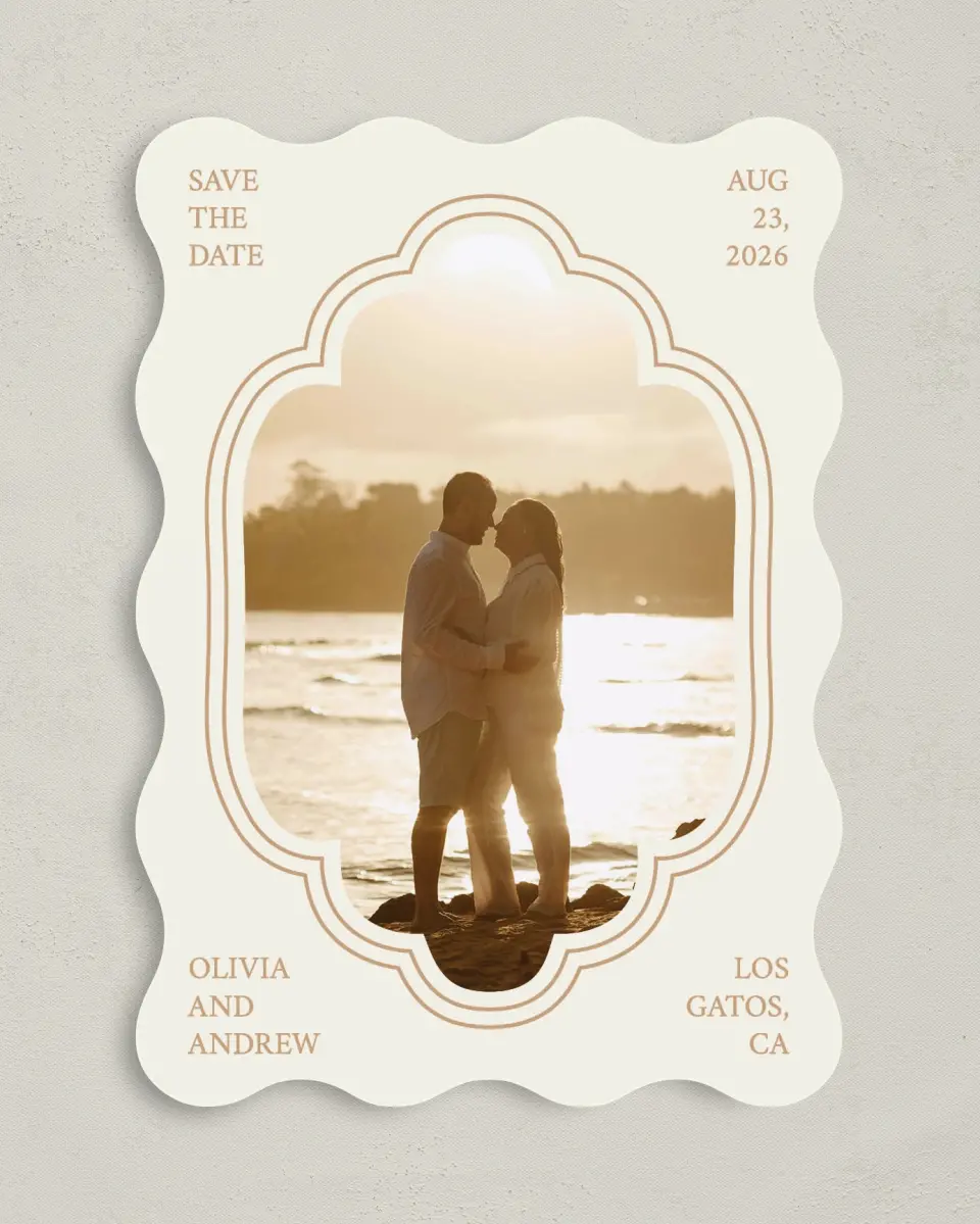 This is a 5" x 7" Save the Date Card called Beaded Veil printed in full color with Gold foil on Premium Smooth paper