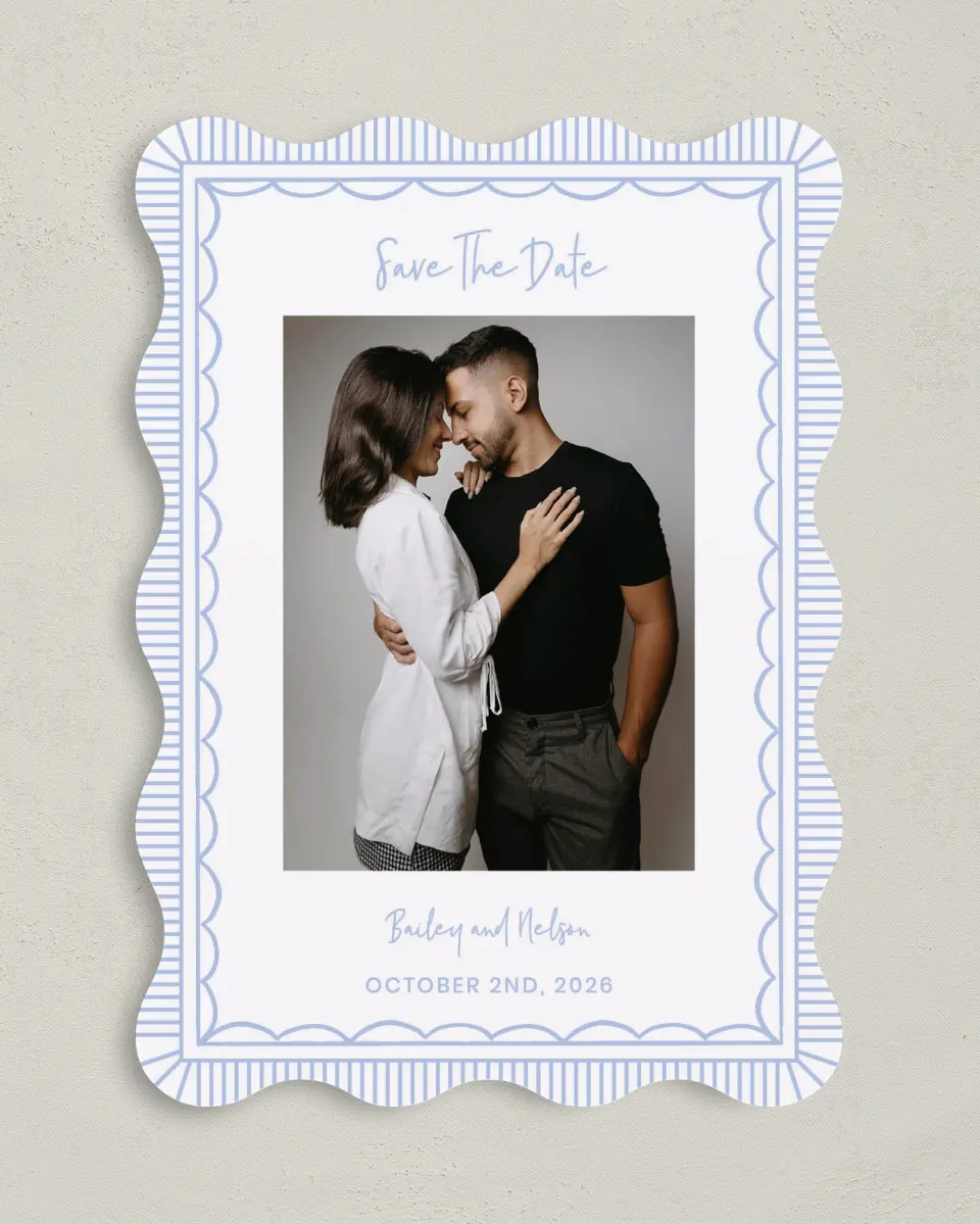 This is a 5" x 7" Save the Date Card called Framed in Flowers printed in full color with Gold foil on Premium Smooth paper