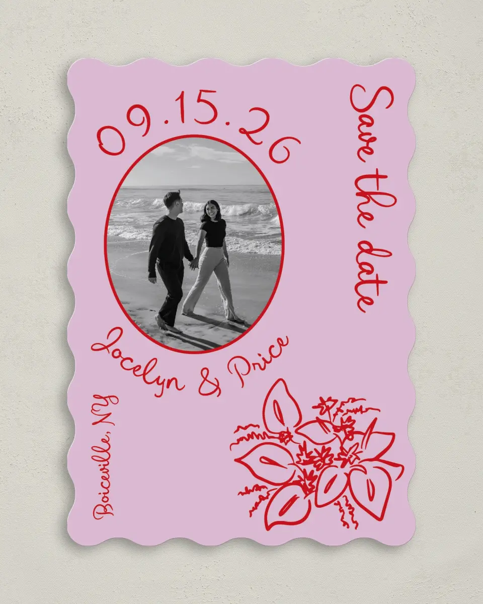 This is a 5" x 7" Save the Date Card called Flourishing Love printed in full color with Gold foil on Premium Smooth paper