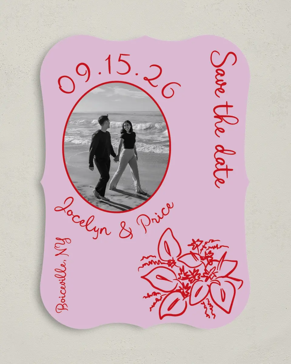 This is a 5" x 7" Save the Date Card called Flourishing Love printed in full color with Gold foil on Premium Smooth paper
