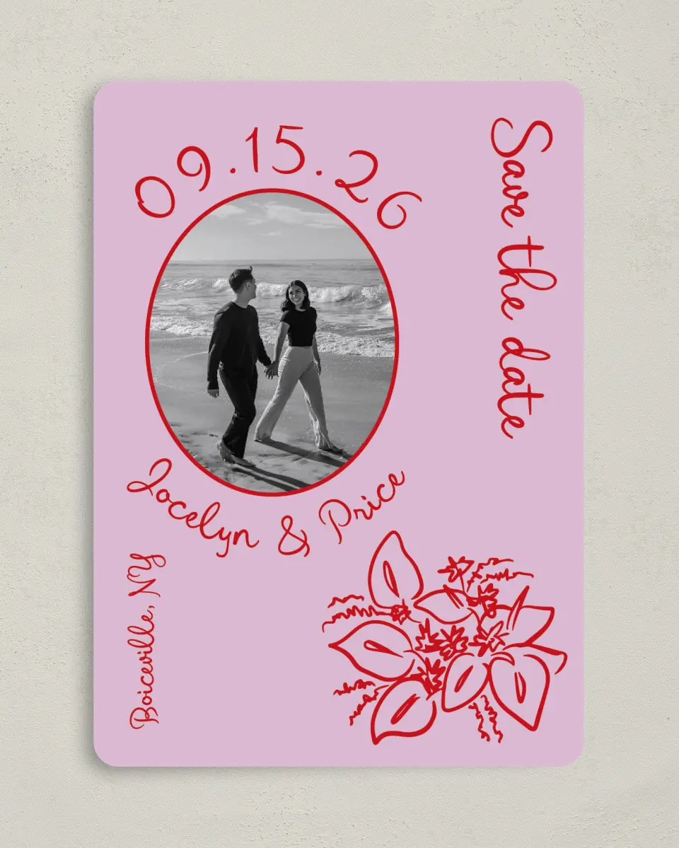 This is a 5" x 7" Save the Date Card called Flourishing Love printed in full color with Gold foil on Premium Smooth paper