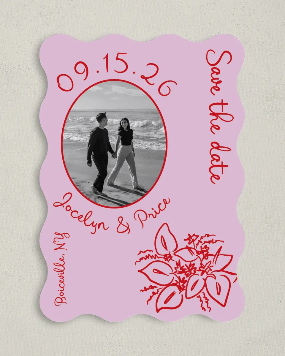 This is a 5" x 7" Save the Date Card called Flourishing Love printed in full color with Gold foil on Premium Smooth paper