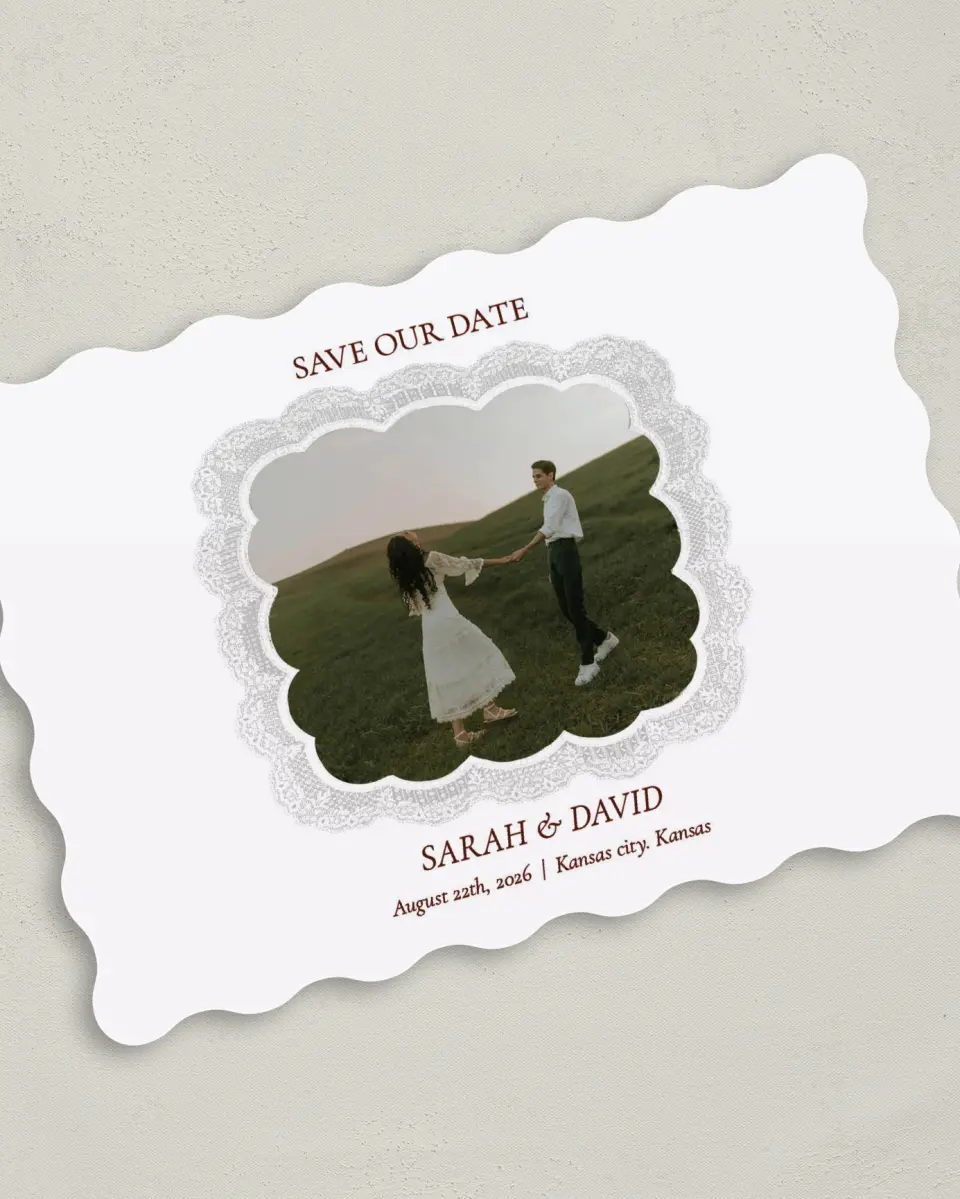 This is a 5" x 7" Save the Date Card called Trimmed Lace printed in full color with Gold foil on Premium Smooth paper