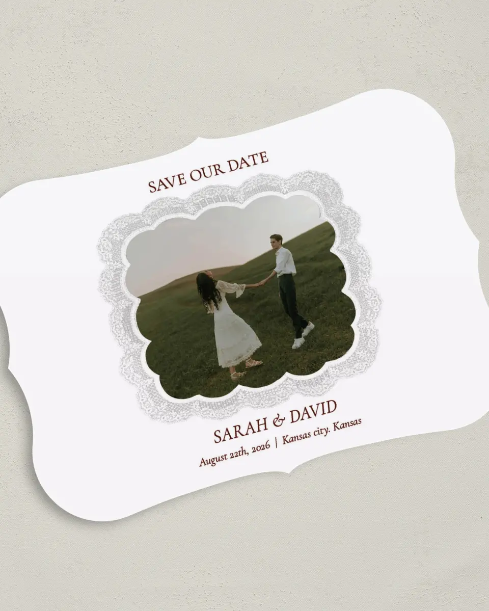 This is a 5" x 7" Save the Date Card called Trimmed Lace printed in full color with Gold foil on Premium Smooth paper