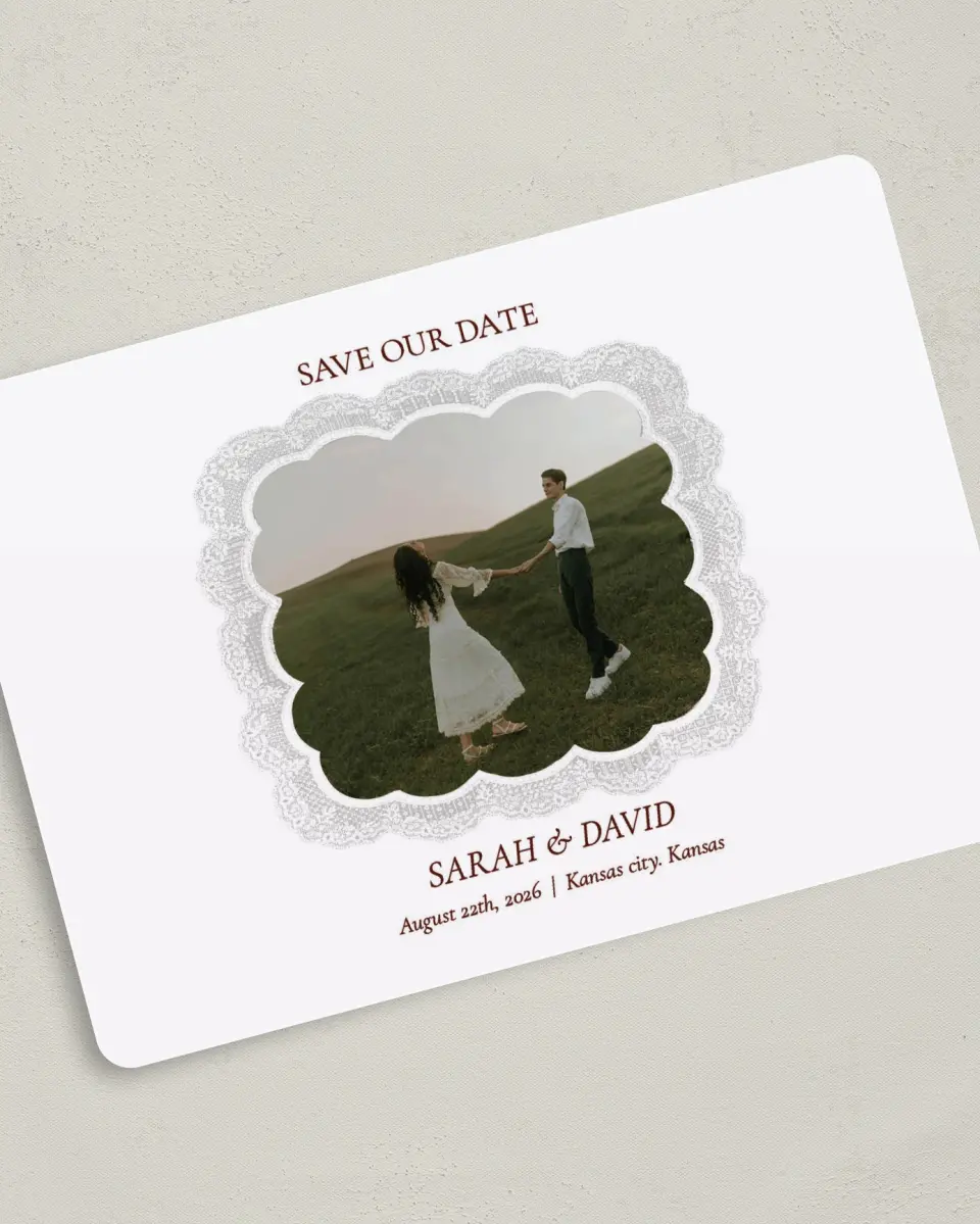 This is a 5" x 7" Save the Date Card called Trimmed Lace printed in full color with Gold foil on Premium Smooth paper