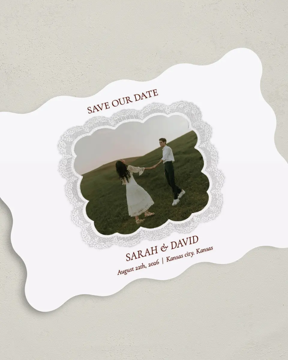 This is a 5" x 7" Save the Date Card called Trimmed Lace printed in full color with Gold foil on Premium Smooth paper