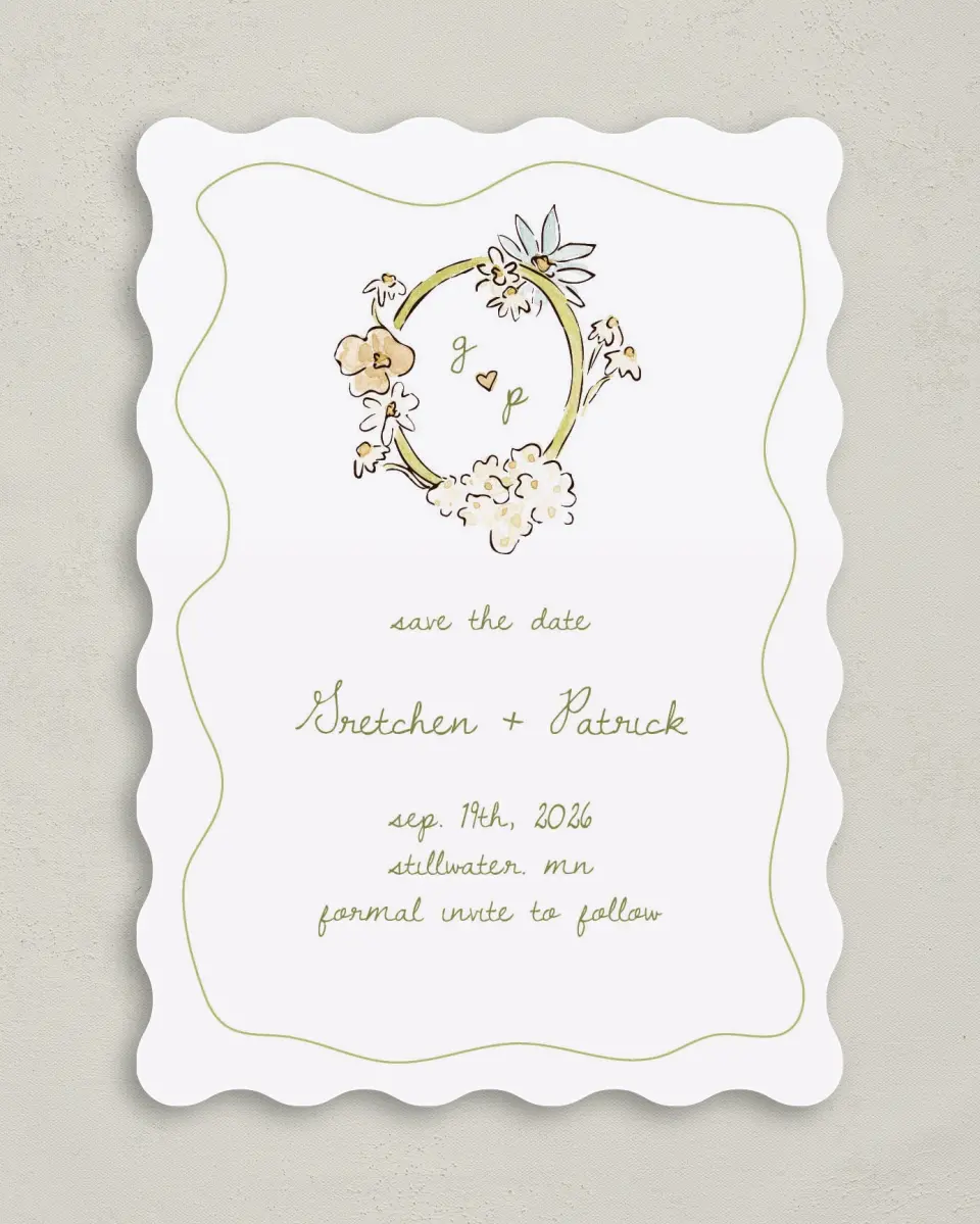 This is a 5" x 7" Save the Date Card called Soft Garden Vows printed in full color with Gold foil on Premium Smooth paper