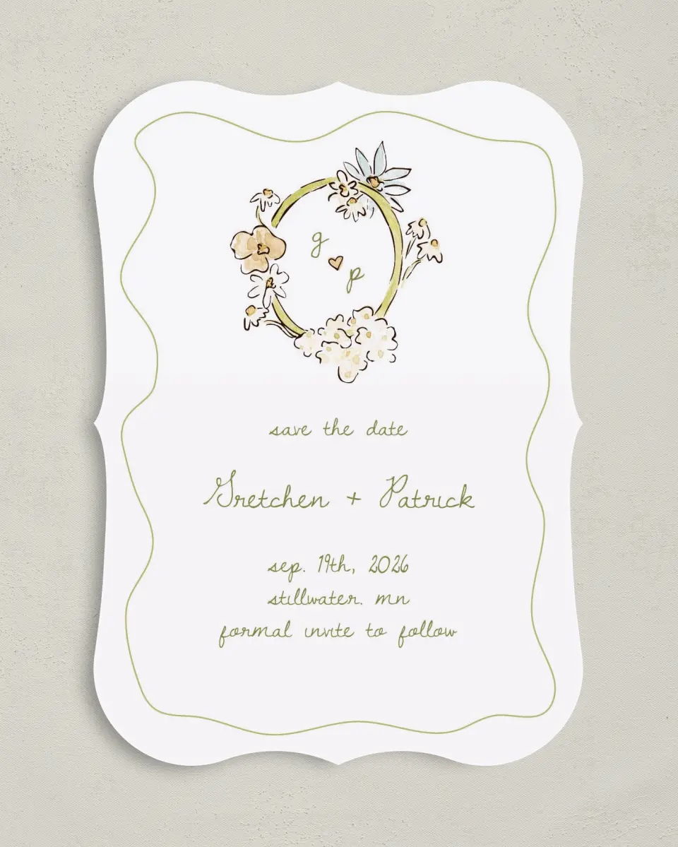 This is a 5" x 7" Save the Date Card called Soft Garden Vows printed in full color with Gold foil on Premium Smooth paper
