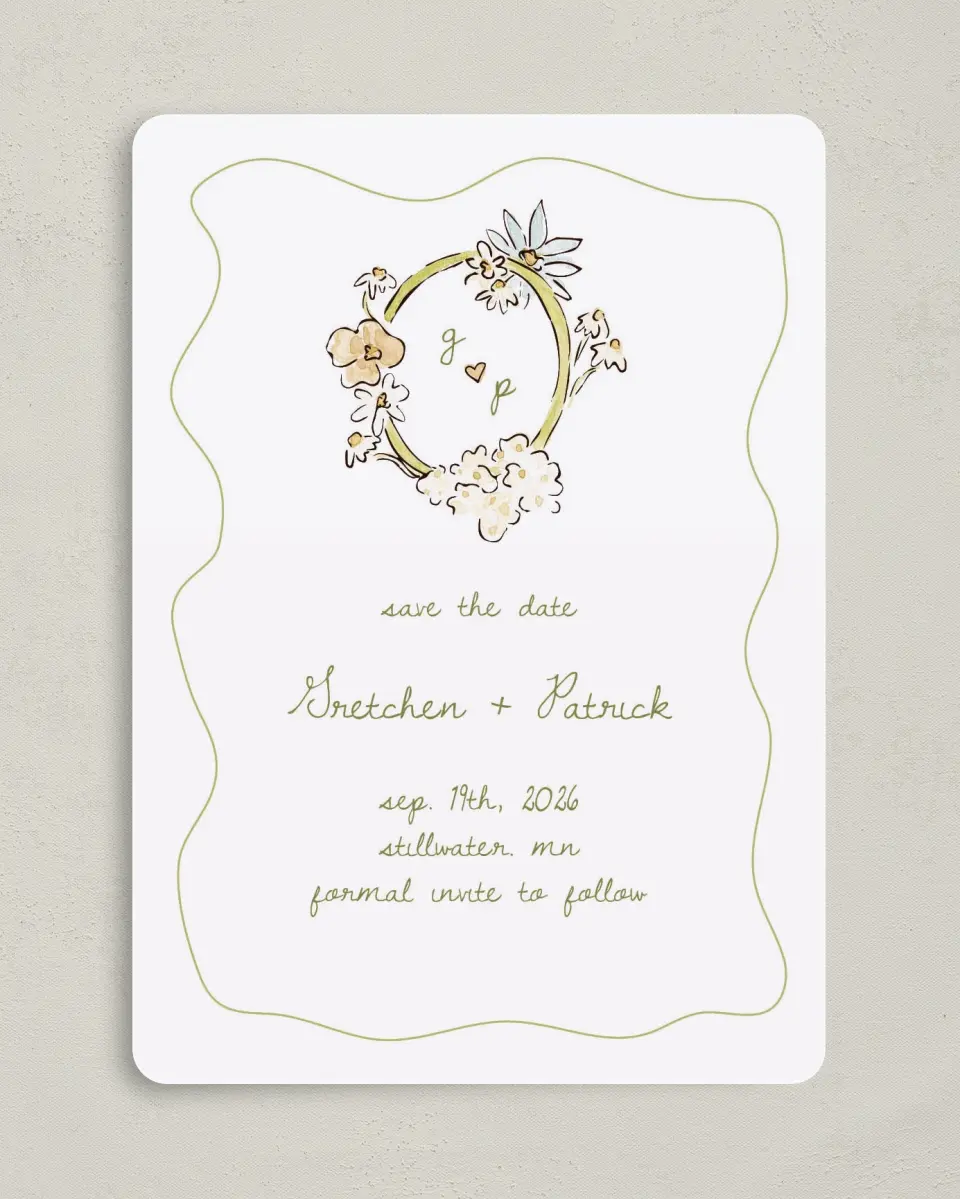 This is a 5" x 7" Save the Date Card called Soft Garden Vows printed in full color with Gold foil on Premium Smooth paper