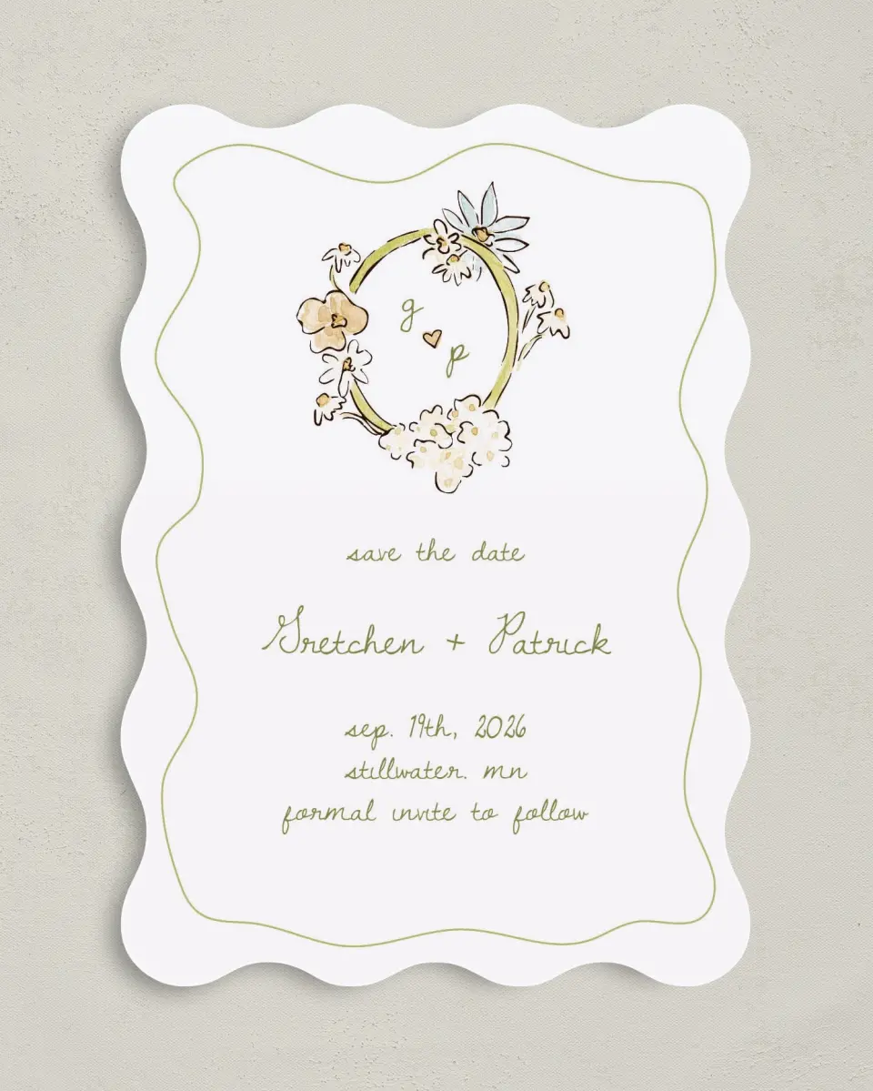 This is a 5" x 7" Save the Date Card called Soft Garden Vows printed in full color with Gold foil on Premium Smooth paper