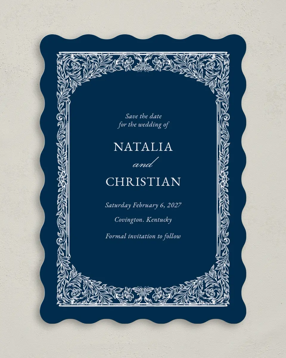 This is a 5" x 7" Save the Date Card called Heirloom Crest printed in full color with Gold foil on Premium Smooth paper