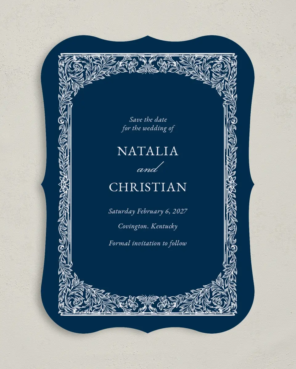 This is a 5" x 7" Save the Date Card called Heirloom Crest printed in full color with Rose Gold foil on Luxe Satin (coated) paper