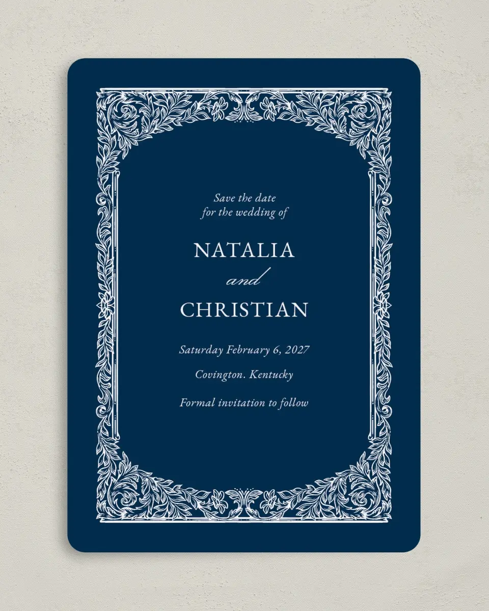 This is a 5" x 7" Save the Date Card called Heirloom Crest printed in full color with Gold foil on Premium Smooth paper