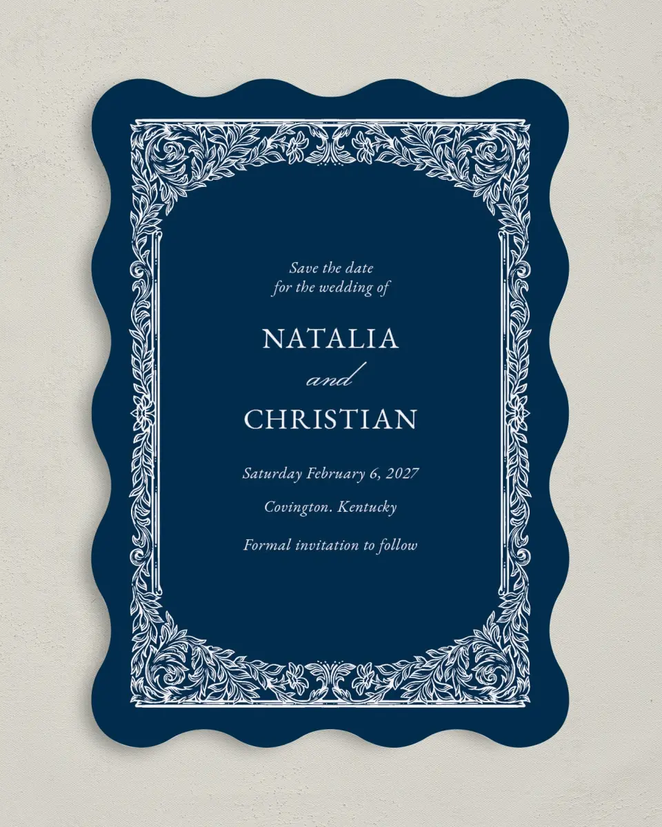 This is a 5" x 7" Save the Date Card called Heirloom Crest printed in full color with Gold foil on Premium Smooth paper