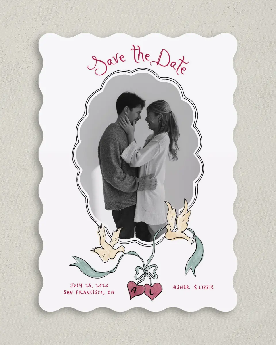 This is a 5" x 7" Save the Date Card called Love Dove printed in full color on Premium Smooth paper