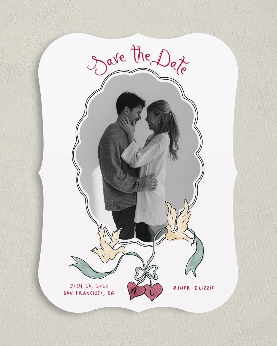 This is a 5" x 7" Save the Date Card called Love Dove printed in full color on Premium Smooth paper