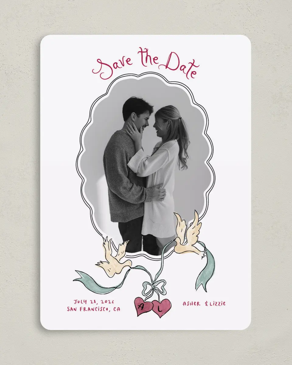 This is a 5" x 7" Save the Date Card called Love Dove printed in full color on Premium Smooth paper