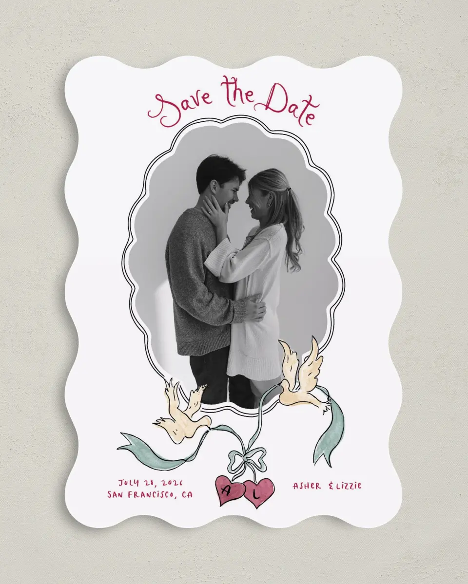 This is a 5" x 7" Save the Date Card called Love Dove printed in full color on Premium Smooth paper