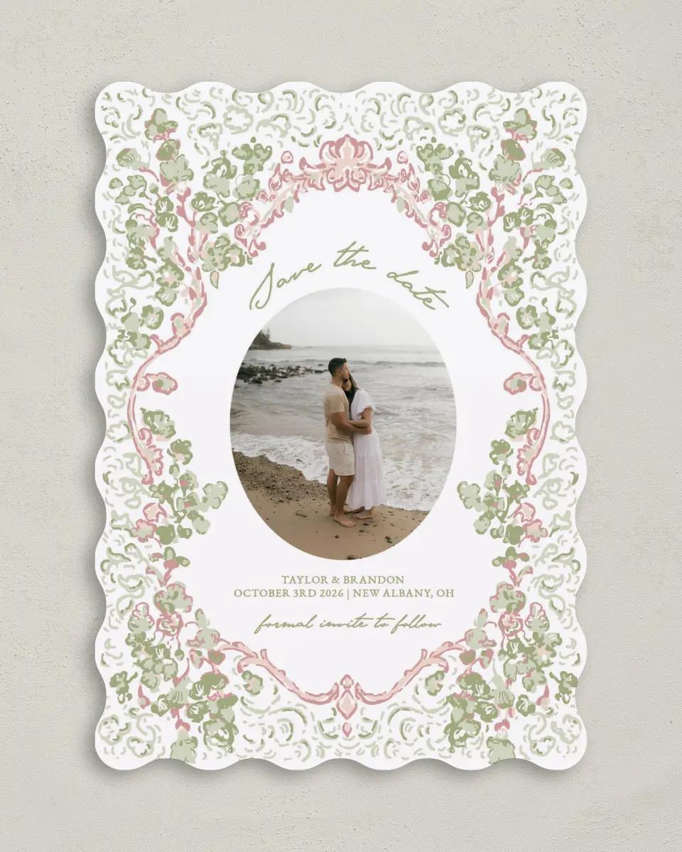 This is a 5" x 7" Save the Date Card called Verdant Romance printed in full color with Gold foil on Premium Smooth paper