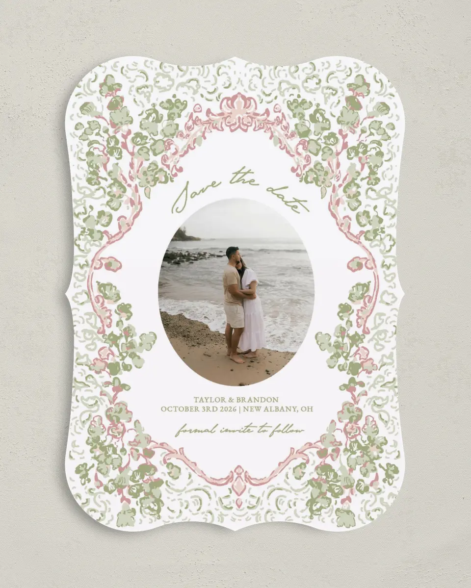 This is a 5" x 7" Save the Date Card called Verdant Romance printed in full color with Gold foil on Premium Smooth paper