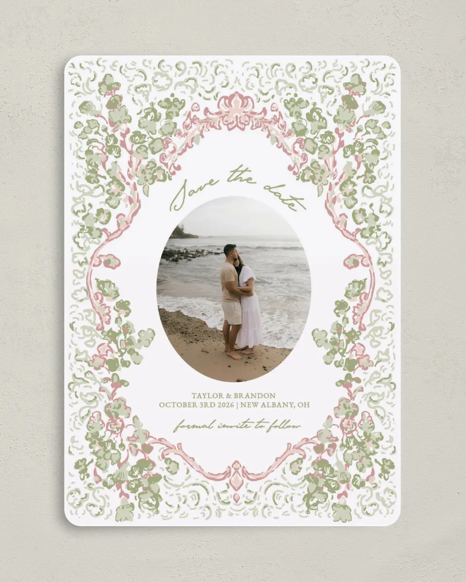 This is a 5" x 7" Save the Date Card called Verdant Romance printed in full color with Gold foil on Premium Smooth paper