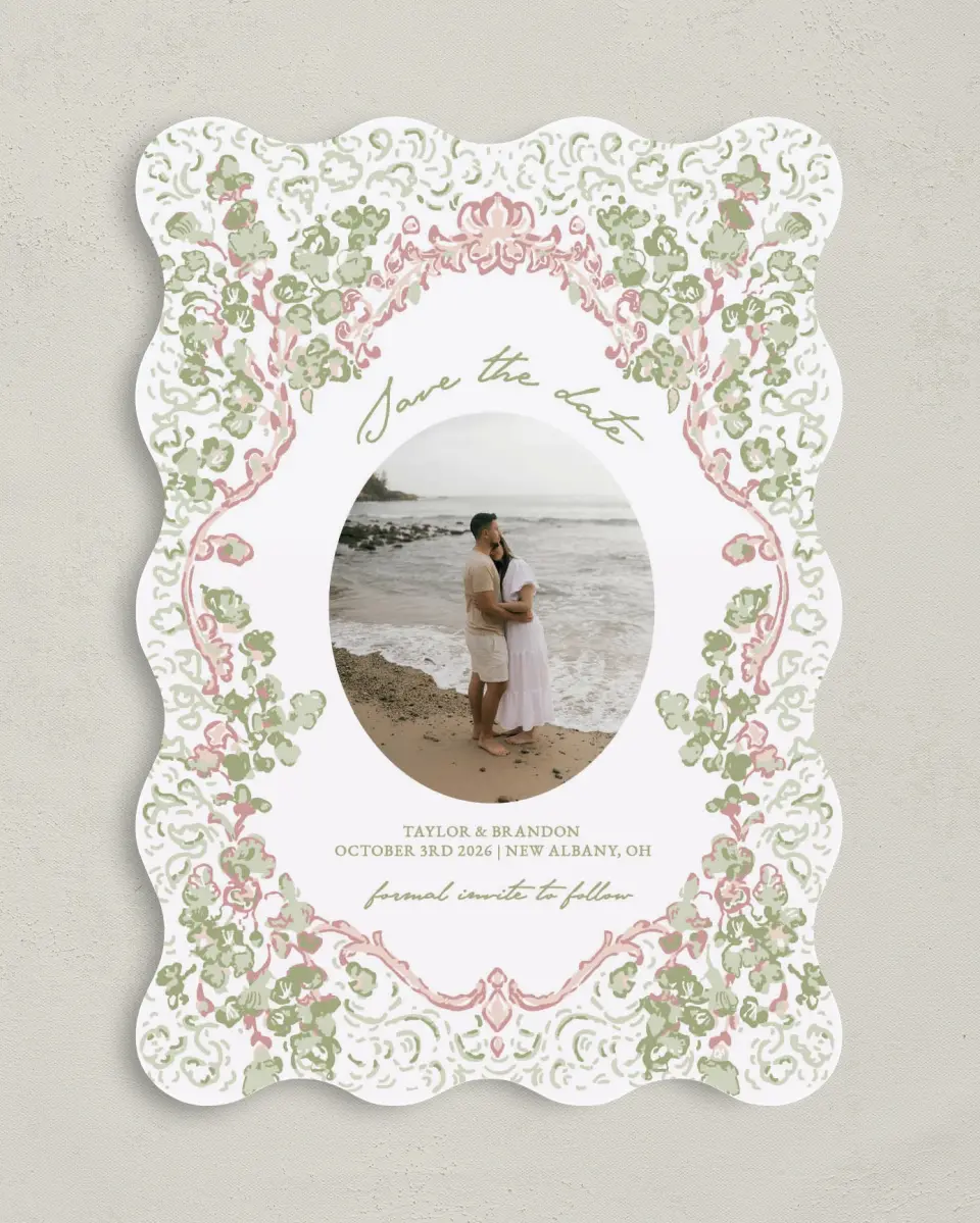 This is a 5" x 7" Save the Date Card called Verdant Romance printed in full color with Gold foil on Premium Smooth paper