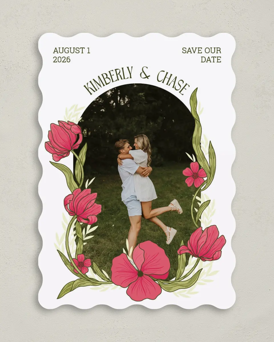 This is a 5" x 7" Save the Date Card called Nouveau Romance printed in full color with Gold foil on Premium Smooth paper