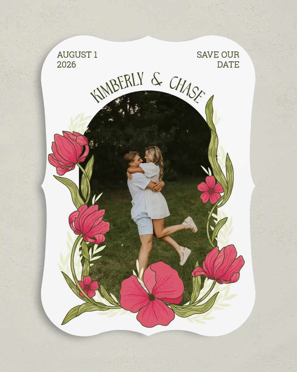 This is a 5" x 7" Save the Date Card called Nouveau Romance printed in full color with Gold foil on Premium Smooth paper