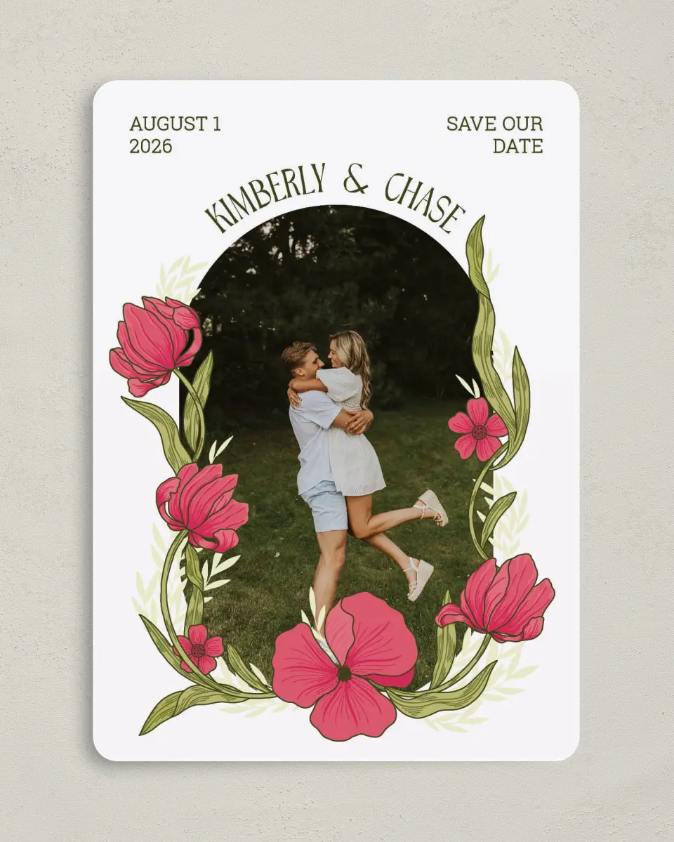 This is a 5" x 7" Save the Date Card called Nouveau Romance printed in full color with Gold foil on Premium Smooth paper