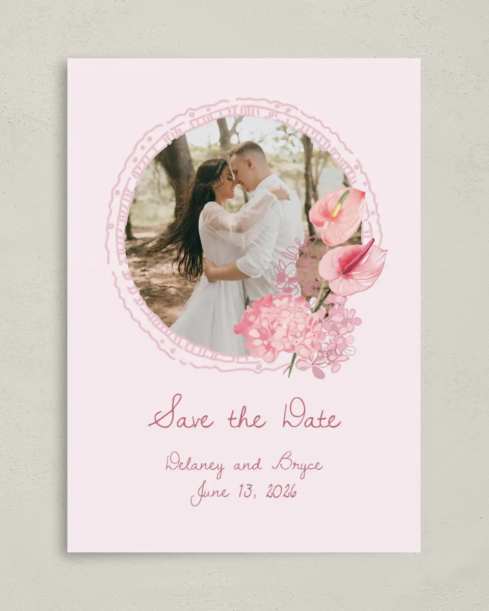 This is a 5" x 7" Save the Date Card called Blushing Whimsy printed in full color with Gold foil on Premium Smooth paper