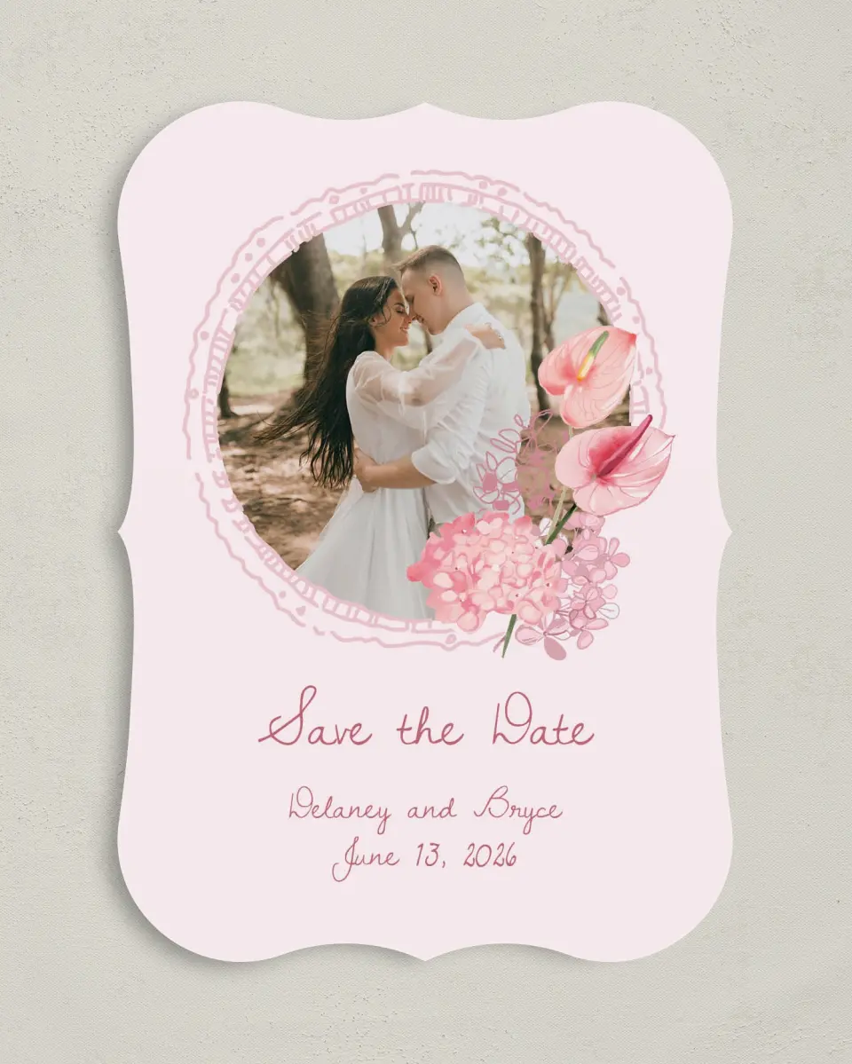 This is a 5" x 7" Save the Date Card called Blushing Whimsy printed in full color with Gold foil on Premium Smooth paper