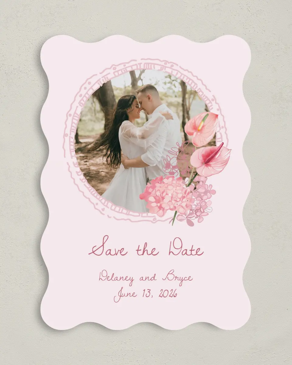 This is a 5" x 7" Save the Date Card called Blushing Whimsy printed in full color with Gold foil on Premium Smooth paper