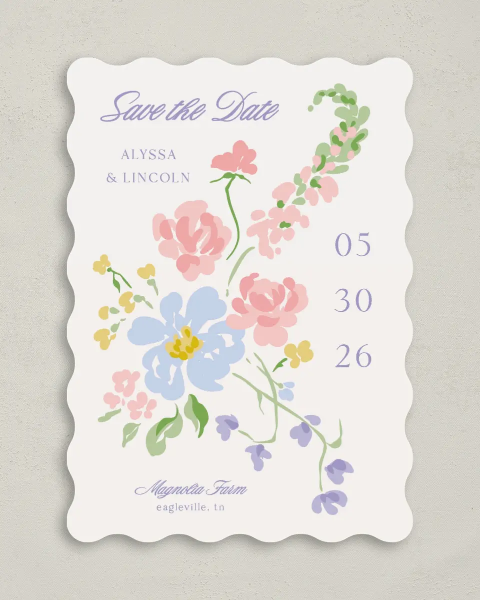 This is a 5" x 7" Save the Date Card called Gentle Garden printed in full color with Gold foil on Premium Smooth paper