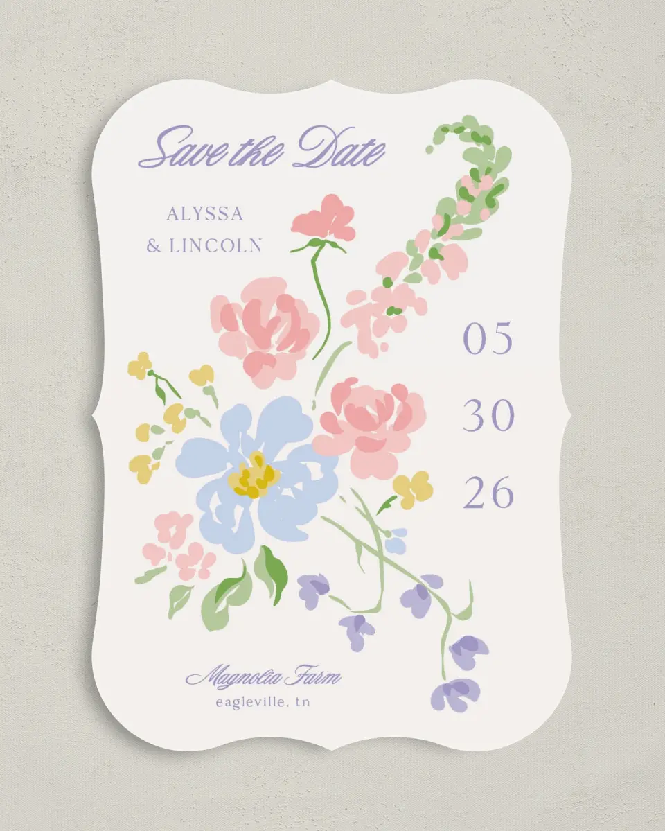 This is a 5" x 7" Save the Date Card called Gentle Garden printed in full color with Gold foil on Premium Smooth paper