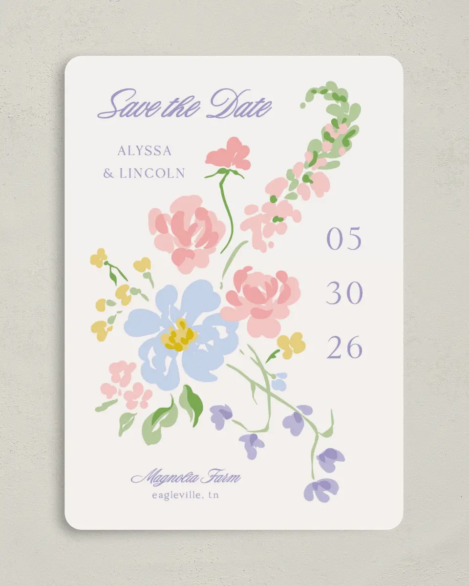 This is a 5" x 7" Save the Date Card called Gentle Garden printed in full color with Gold foil on Premium Smooth paper