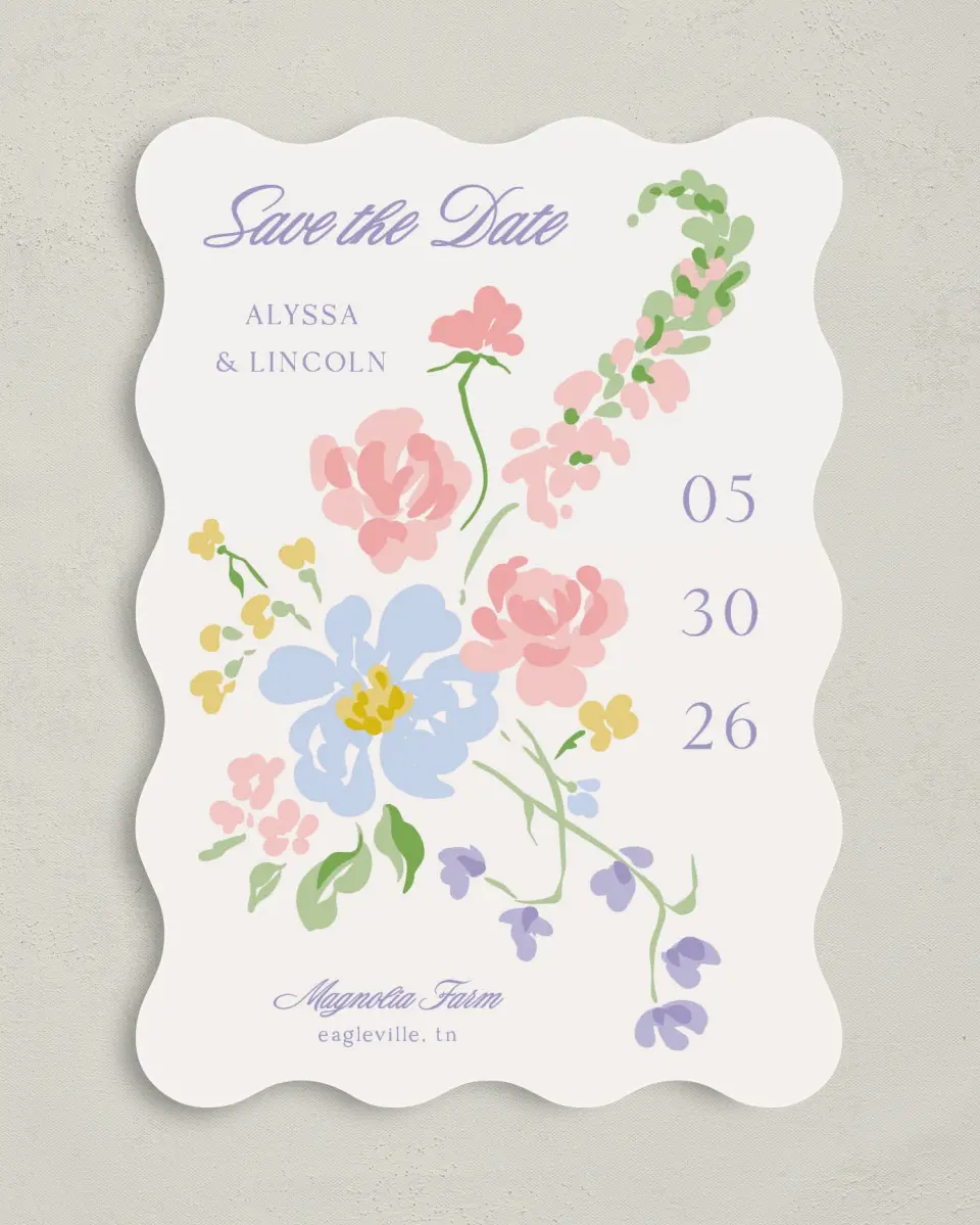 This is a 5" x 7" Save the Date Card called Gentle Garden printed in full color with Gold foil on Premium Smooth paper